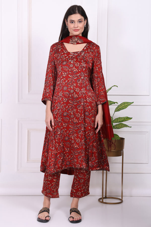 Red Floral Printed Modal Satin Straight Kurta, Pants and Dupatta Set