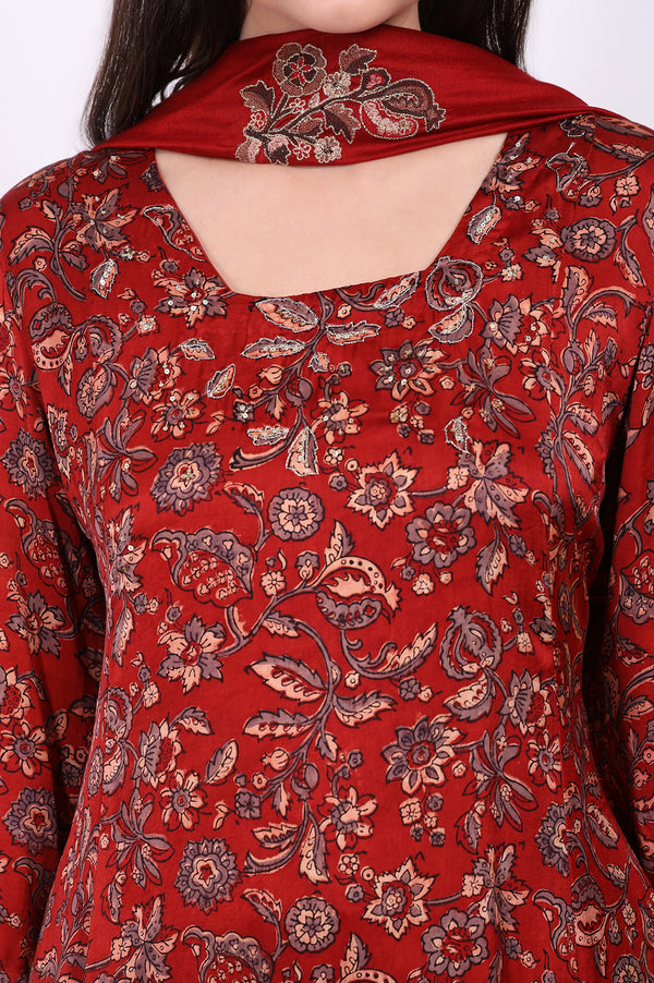 Red Floral Printed Modal Satin Straight Kurta, Pants and Dupatta Set