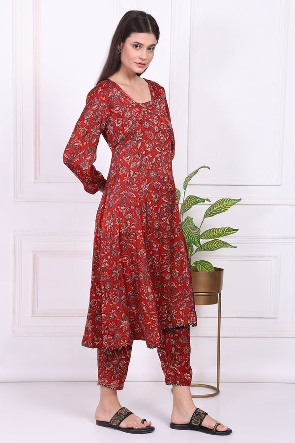 Red Floral Printed Modal Satin Straight Kurta, Pants and Dupatta Set