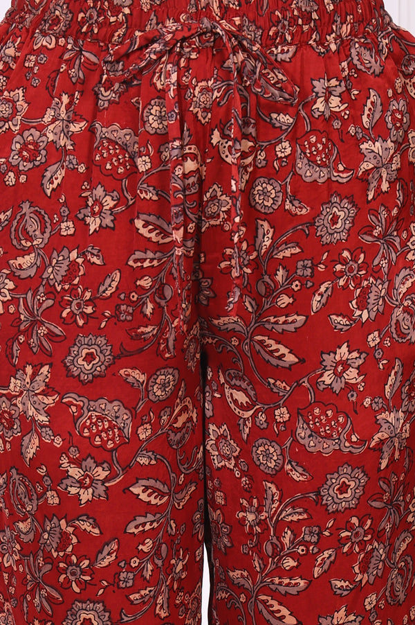 Red Floral Printed Modal Satin Straight Kurta, Pants and Dupatta Set