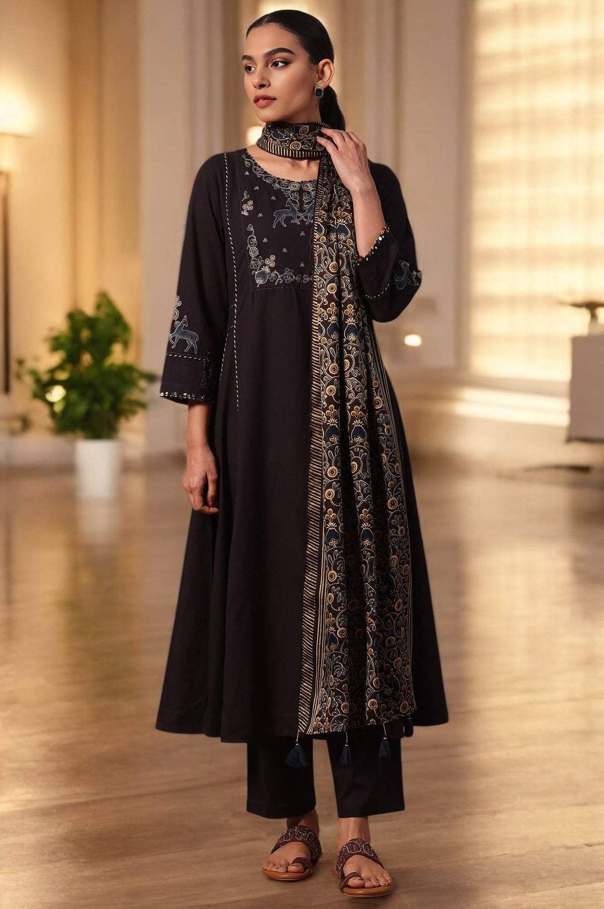 Printed Thread Embroidery Flared Pure Cotton Kurta & Straight Pants with Dupatta Set - XS
