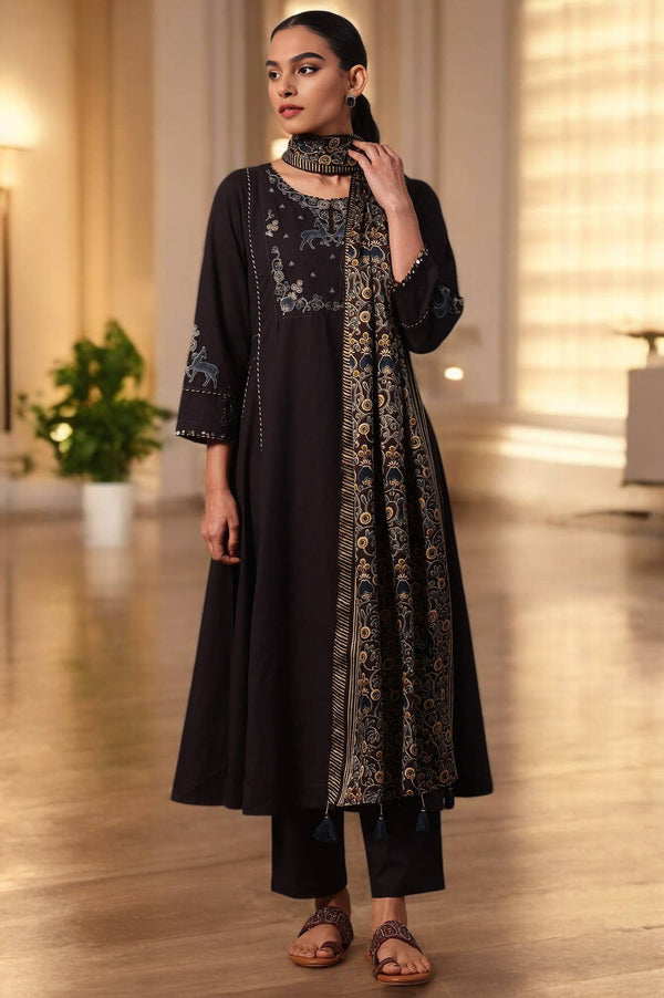 Printed Thread Embroidery Flared Pure Cotton Kurta & Straight Pants with Dupatta Set