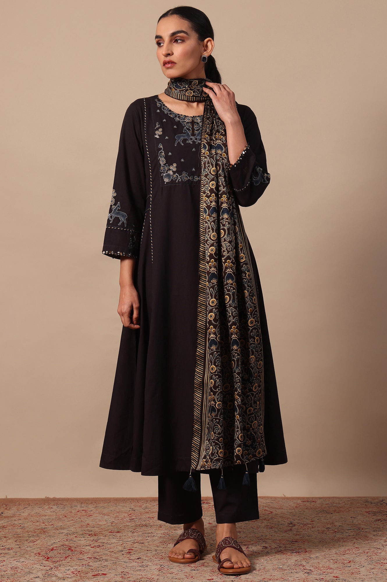 Printed Thread Embroidery Flared Pure Cotton Kurta &amp; Straight Pants with Dupatta Set