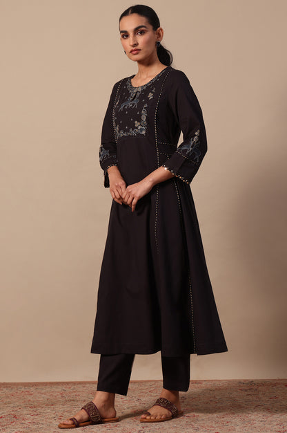 Printed Thread Embroidery Flared Pure Cotton Kurta &amp; Straight Pants with Dupatta Set