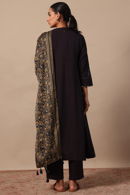 Printed Thread Embroidery Flared Pure Cotton Kurta &amp; Straight Pants with Dupatta Set