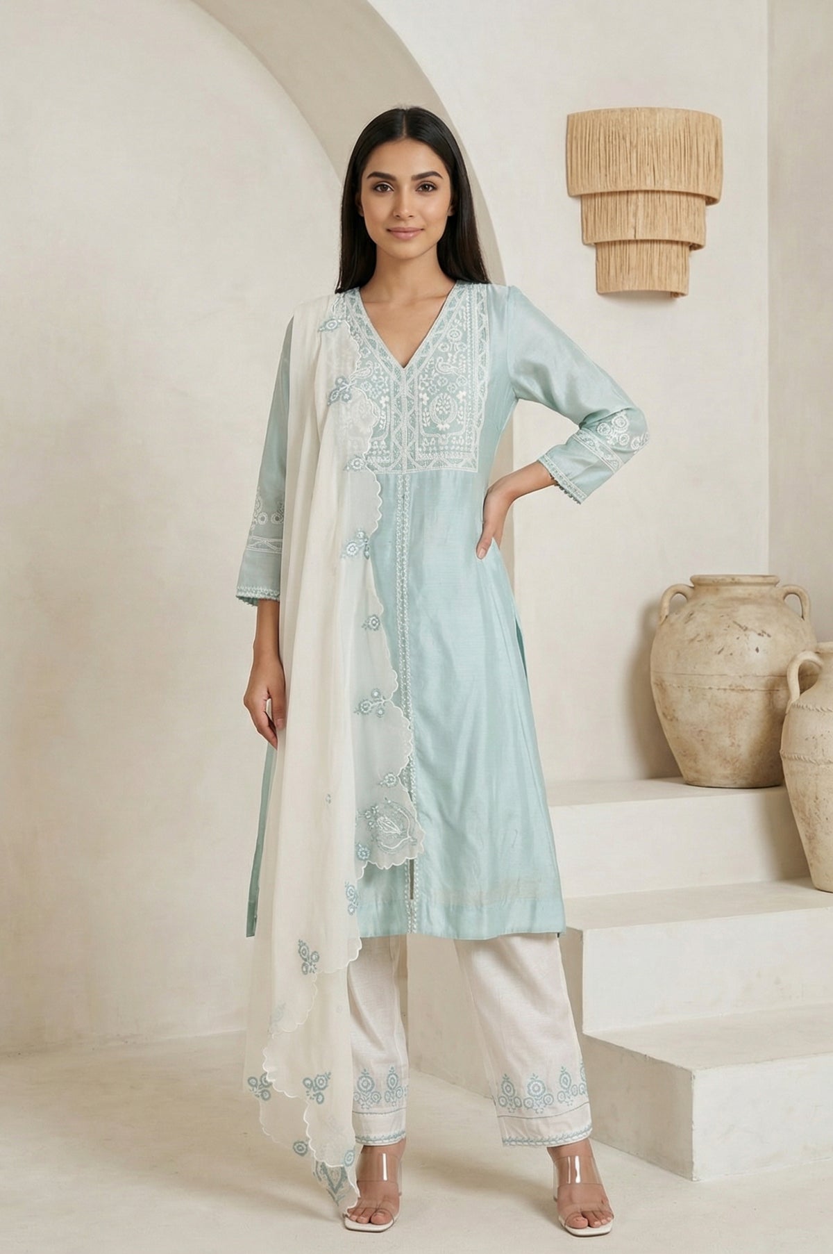 Blue Chikankari Cotton Blend Straight Kurta with Pant and Dupatta Set - M