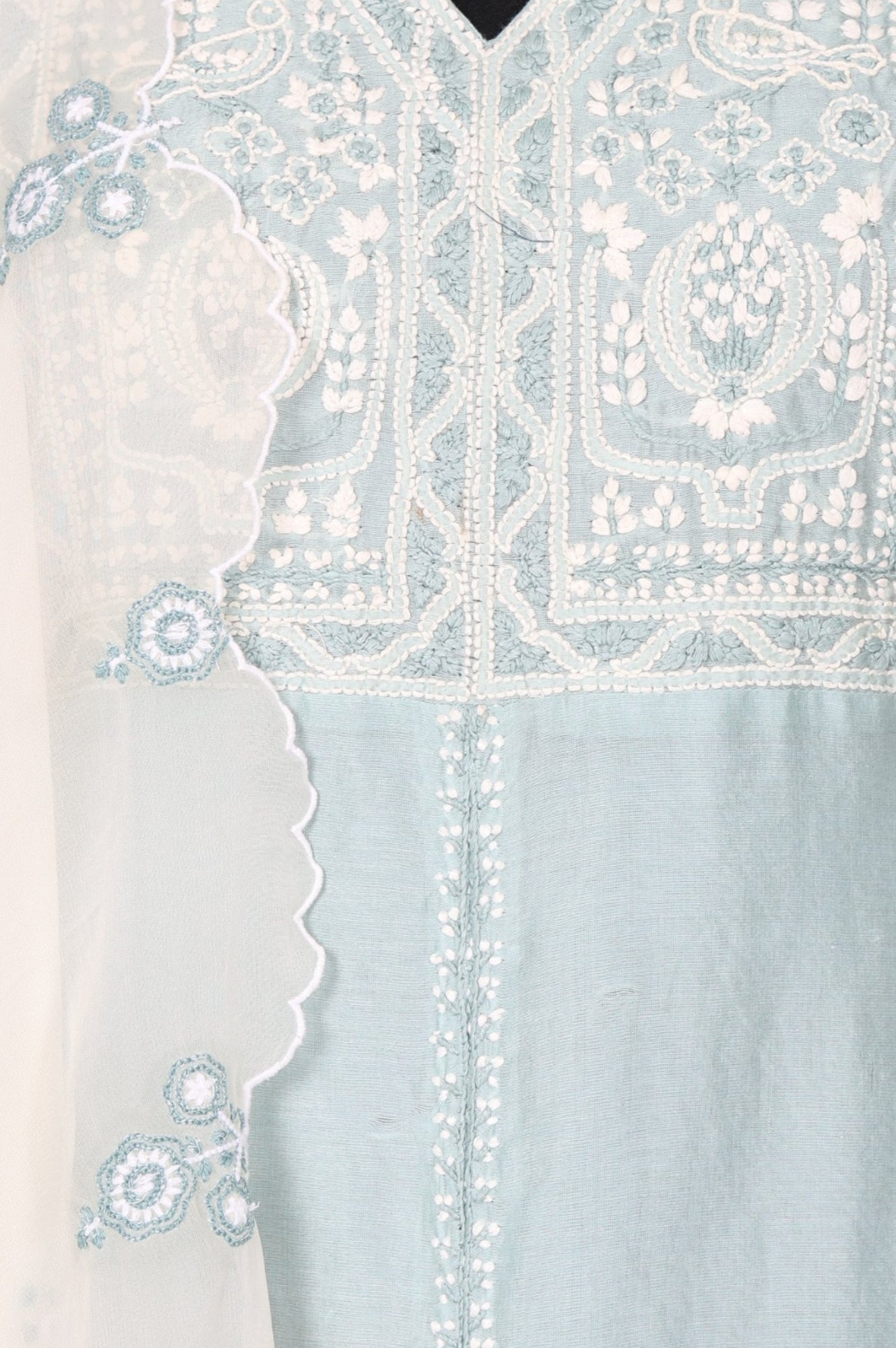 Blue Chikankari Cotton Blend Straight Kurta with Pant and Dupatta Set