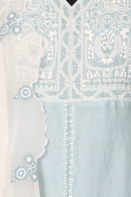 Blue Chikankari Cotton Blend Straight Kurta with Pant and Dupatta Set