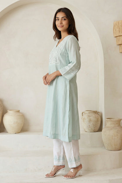 Blue Chikankari Cotton Blend Straight Kurta with Pant and Dupatta Set