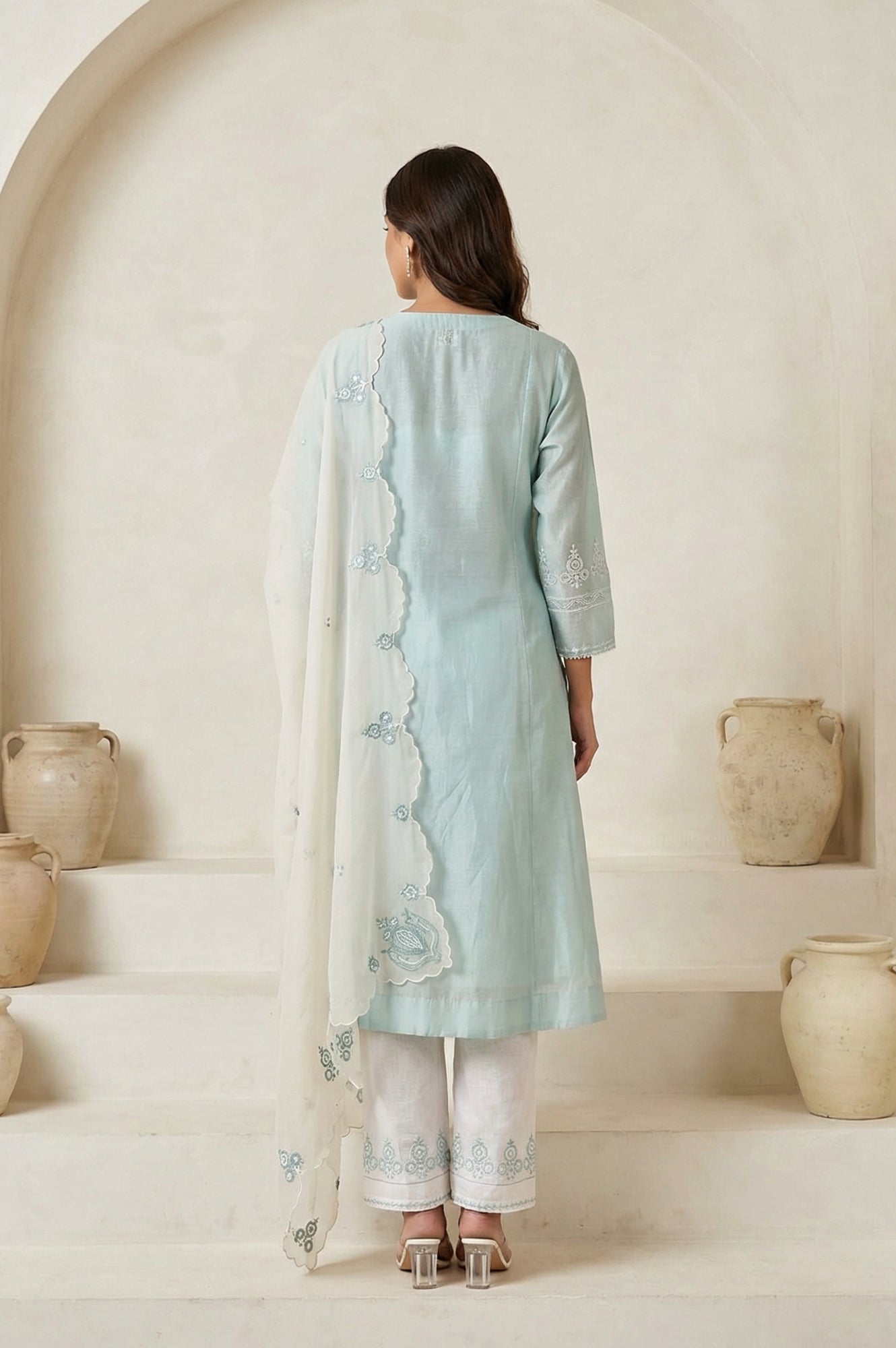 Blue Chikankari Cotton Blend Straight Kurta with Pant and Dupatta Set