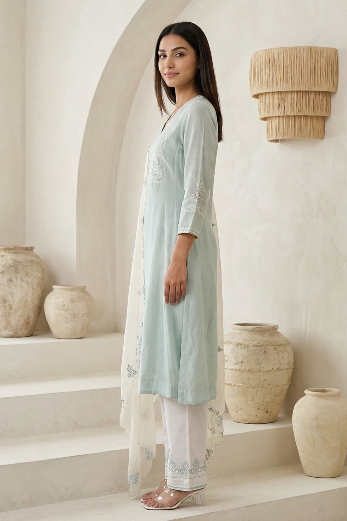 Blue Chikankari Cotton Blend Straight Kurta with Pant and Dupatta Set