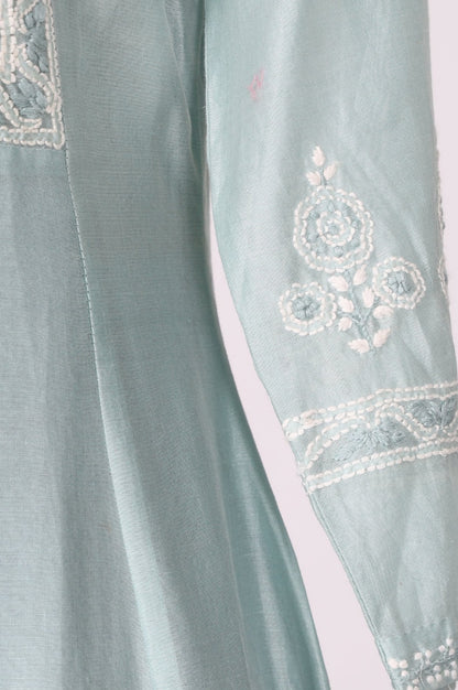 Blue Chikankari Cotton Blend Straight Kurta with Pant and Dupatta Set