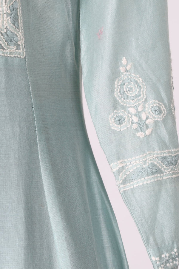 Blue Chikankari Cotton Blend Straight Kurta with Pant and Dupatta Set