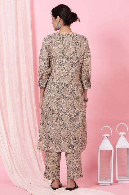 Beige Kalamkari Handblock Printed Co-ord Set