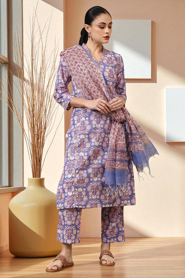Lavender Handblock Printed Cotton Kurta, Straight Pants and Dupatta Set