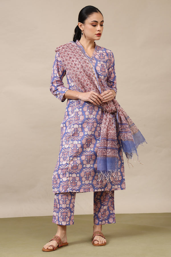 Lavender Handblock Printed Cotton Kurta, Straight Pants and Dupatta Set