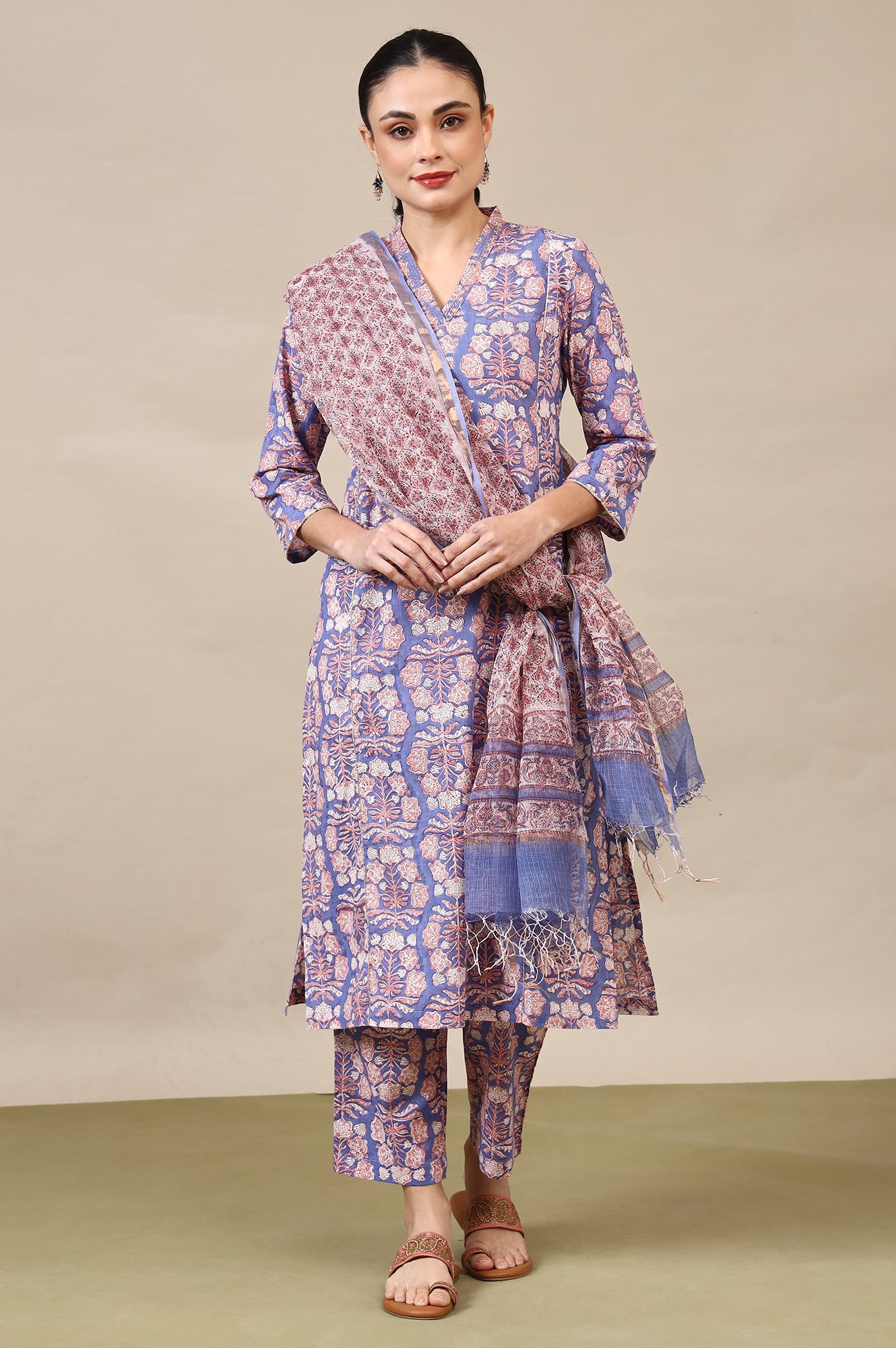 Lavender Handblock Printed Cotton Kurta, Straight Pants and Dupatta Set
