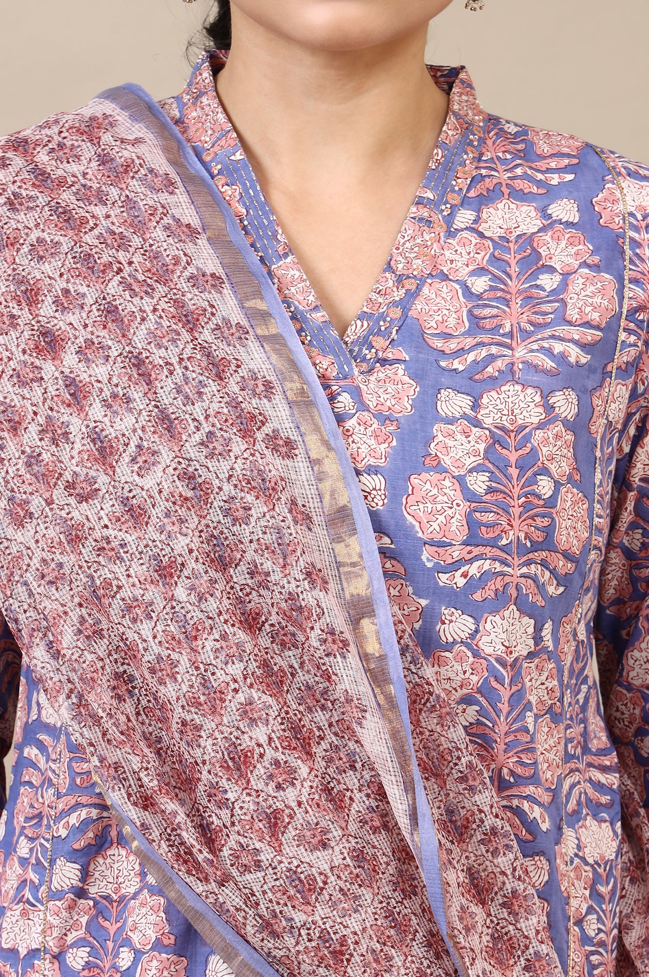 Lavender Handblock Printed Cotton Kurta, Straight Pants and Dupatta Set