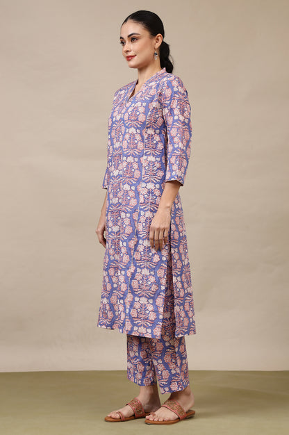 Lavender Handblock Printed Cotton Kurta, Straight Pants and Dupatta Set