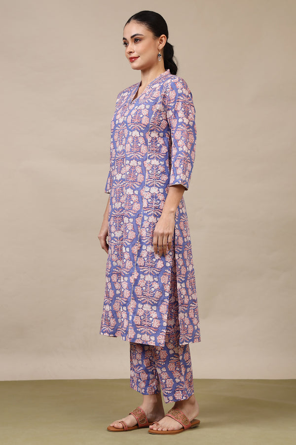 Lavender Handblock Printed Cotton Kurta, Straight Pants and Dupatta Set