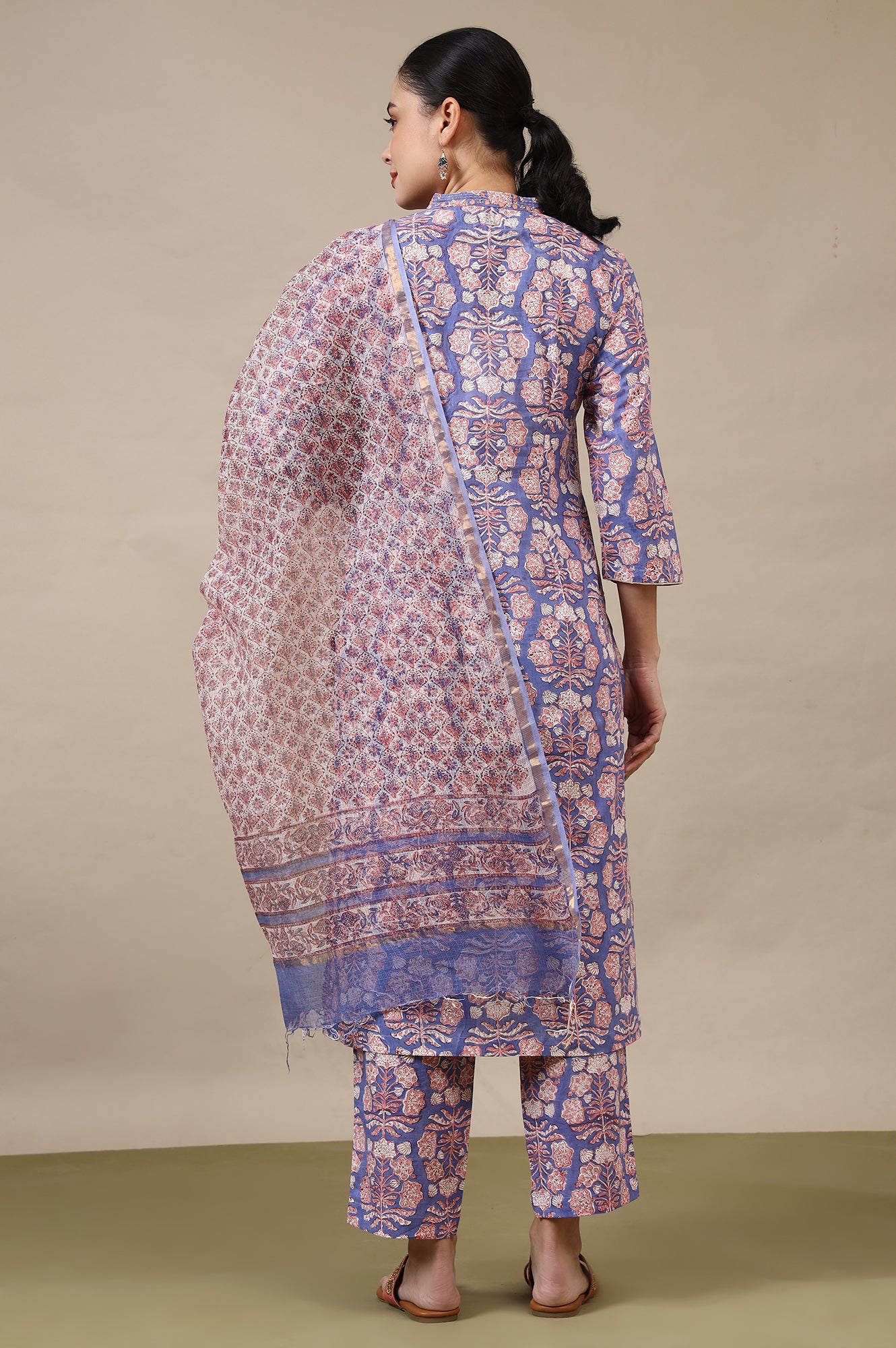 Lavender Handblock Printed Cotton Kurta, Straight Pants and Dupatta Set