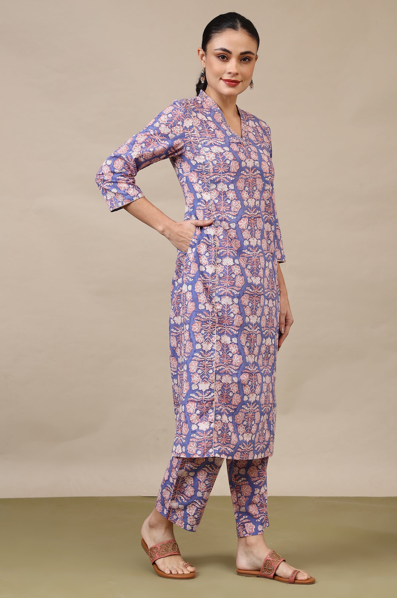 Lavender Handblock Printed Cotton Kurta, Straight Pants and Dupatta Set