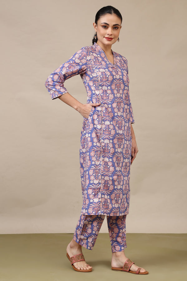 Lavender Handblock Printed Cotton Kurta, Straight Pants and Dupatta Set