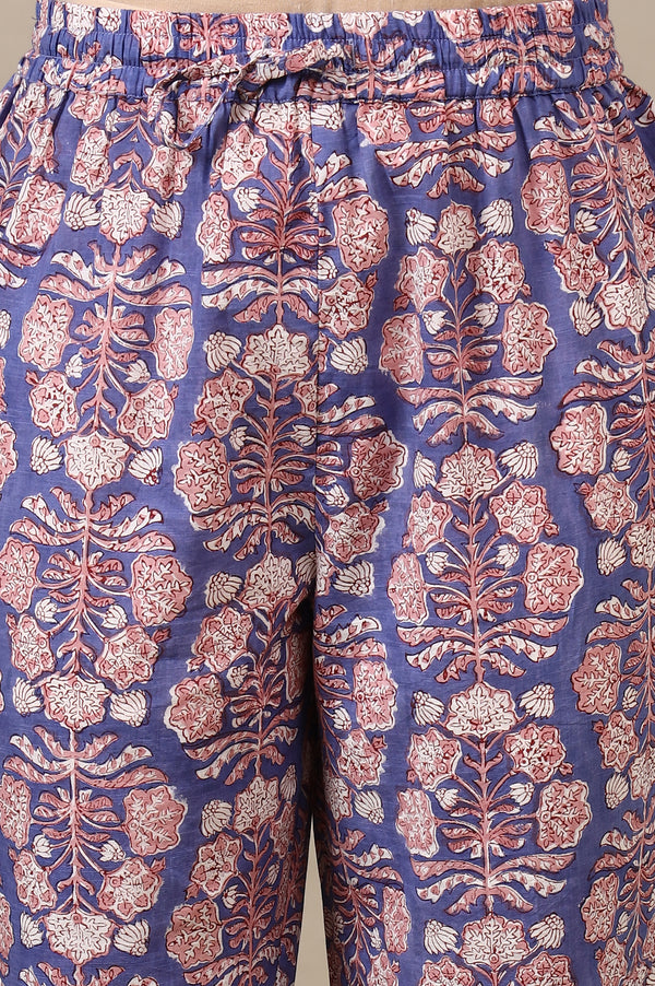 Lavender Handblock Printed Cotton Kurta, Straight Pants and Dupatta Set
