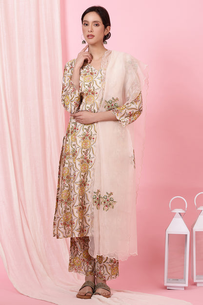 Ecru Handblock Printed Kurta, Straight Pants and Dupatta Set