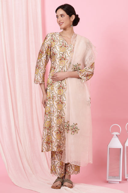Ecru Handblock Printed Kurta, Straight Pants and Dupatta Set