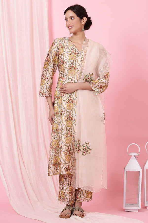 Ecru Handblock Printed Kurta, Straight Pants and Dupatta Set