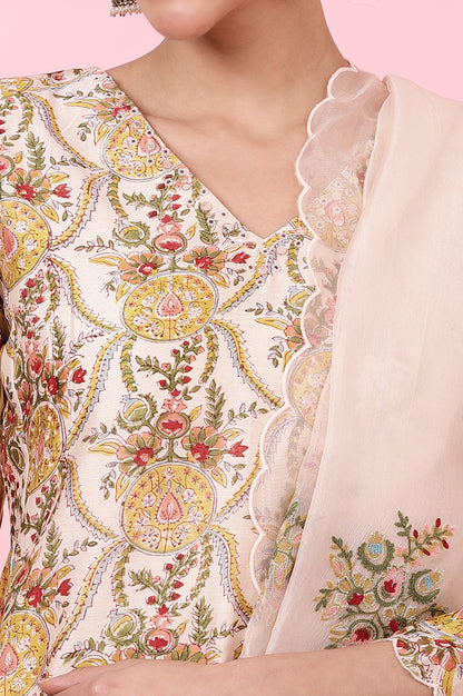 Ecru Handblock Printed Kurta, Straight Pants and Dupatta Set