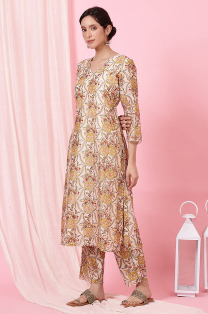 Ecru Handblock Printed Kurta, Straight Pants and Dupatta Set