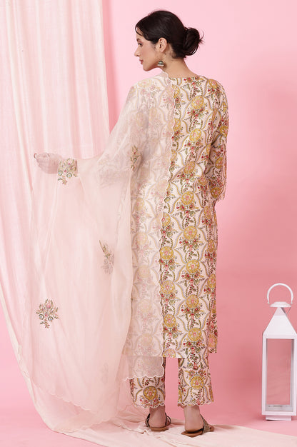 Ecru Handblock Printed Kurta, Straight Pants and Dupatta Set