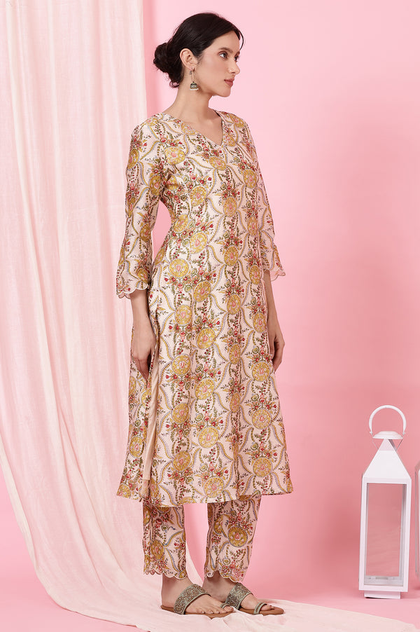 Ecru Handblock Printed Kurta, Straight Pants and Dupatta Set