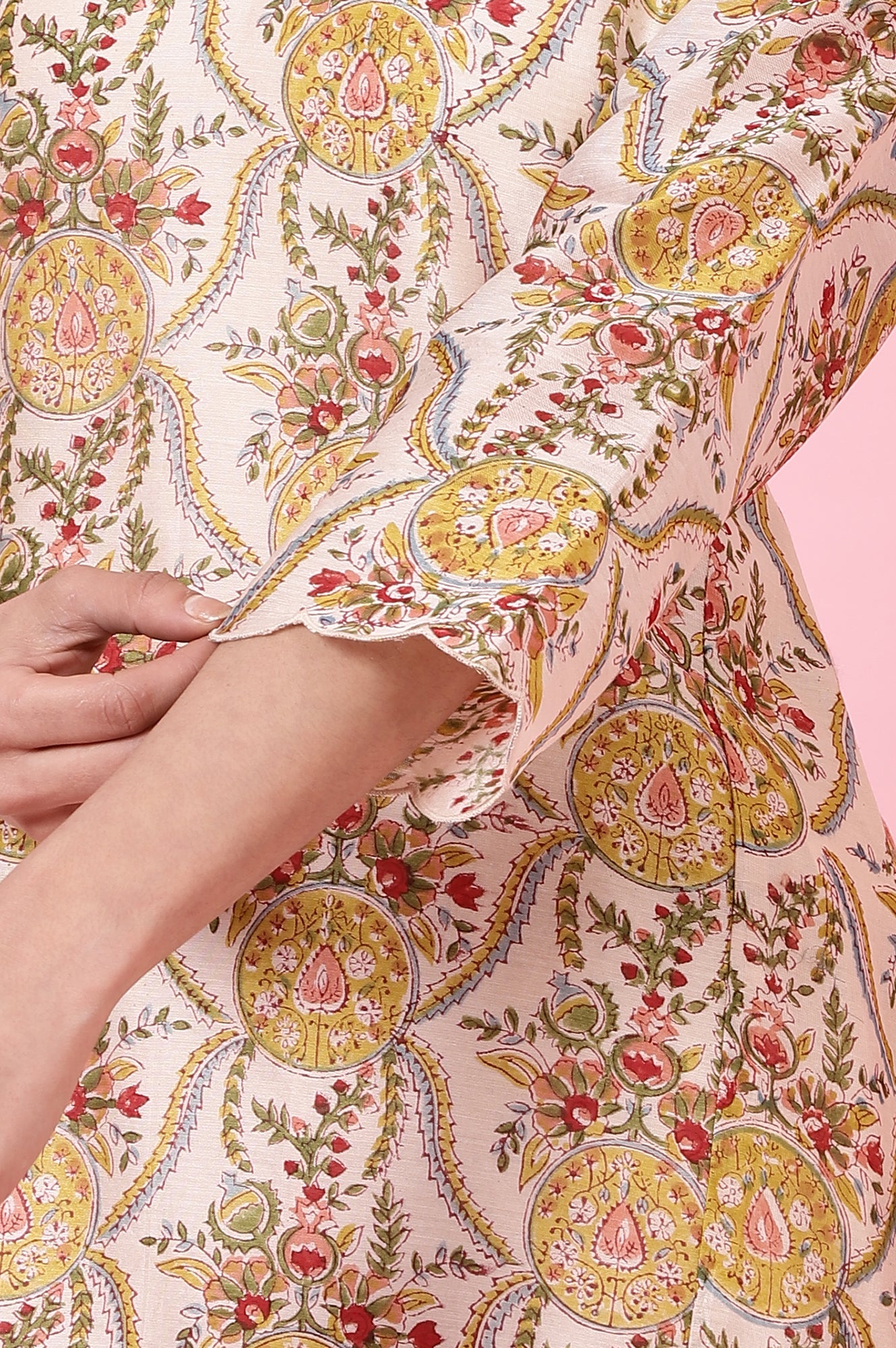 Ecru Handblock Printed Kurta, Straight Pants and Dupatta Set