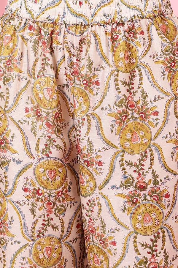 Ecru Handblock Printed Kurta, Straight Pants and Dupatta Set