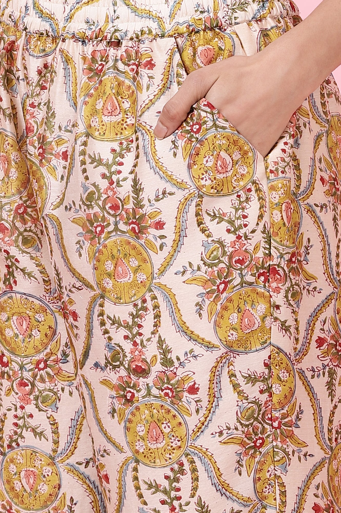 Ecru Handblock Printed Kurta, Straight Pants and Dupatta Set