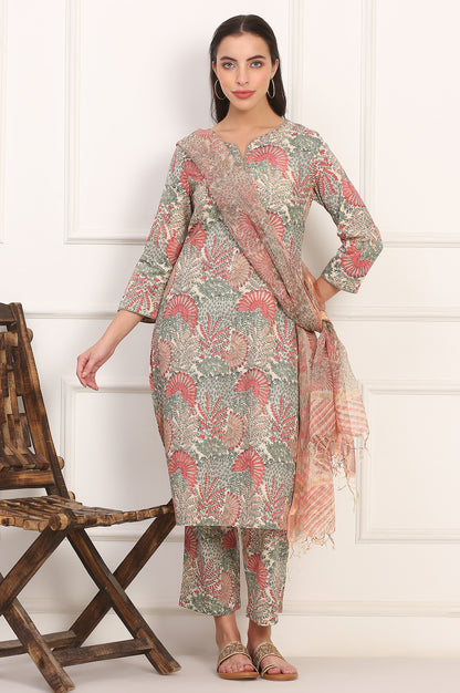 Off-White Floral Handblock Printed Pure Cotton Straight Kurta, Pants and Dupatta Set