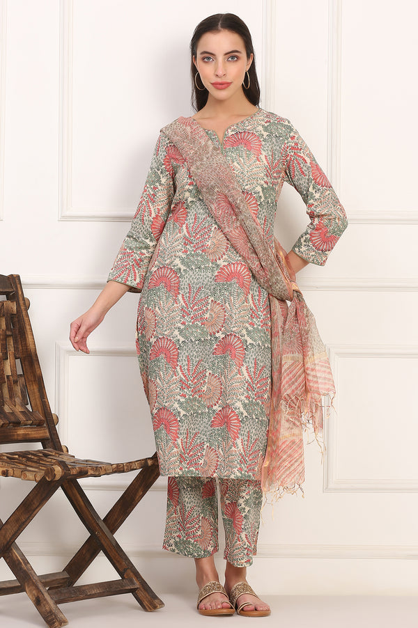 Off-White Floral Handblock Printed Pure Cotton Straight Kurta, Pants and Dupatta Set