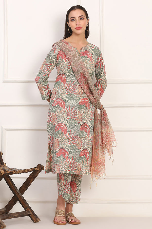 Off-White Floral Handblock Printed Pure Cotton Straight Kurta, Pants and Dupatta Set
