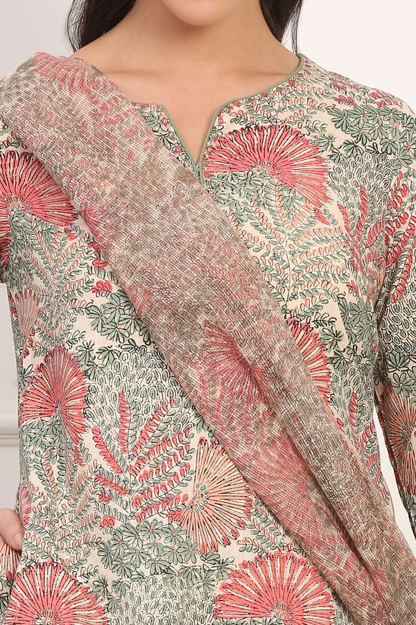 Off-White Floral Handblock Printed Pure Cotton Straight Kurta, Pants and Dupatta Set