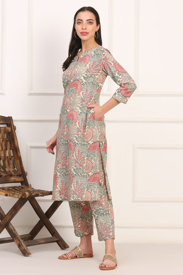 Off-White Floral Handblock Printed Pure Cotton Straight Kurta, Pants and Dupatta Set