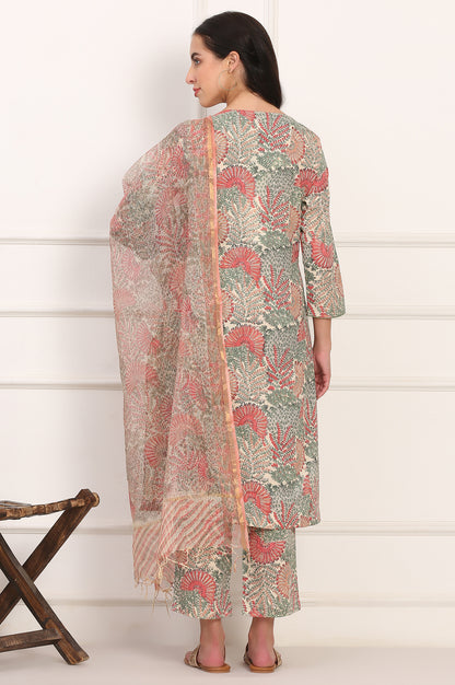 Off-White Floral Handblock Printed Pure Cotton Straight Kurta, Pants and Dupatta Set