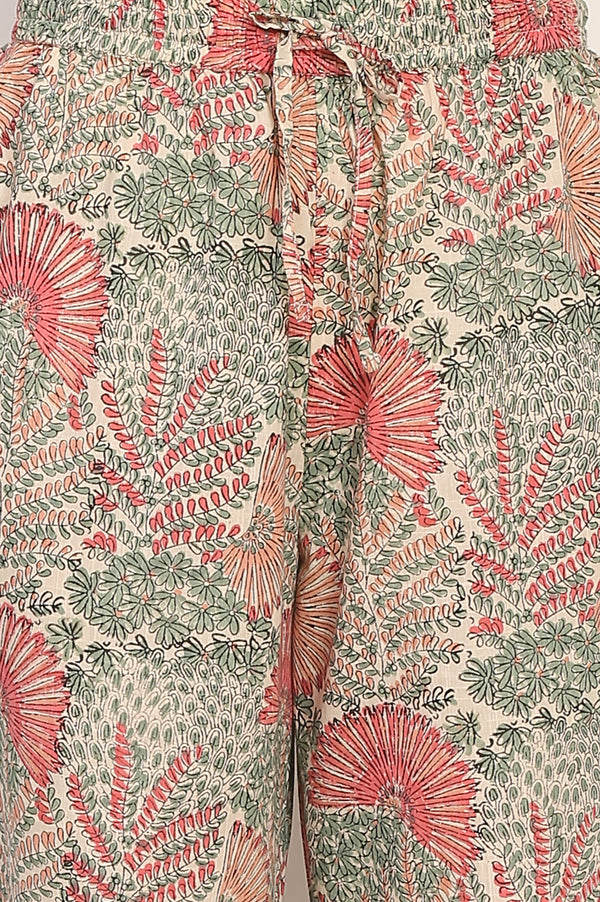 Off-White Floral Handblock Printed Pure Cotton Straight Kurta, Pants and Dupatta Set
