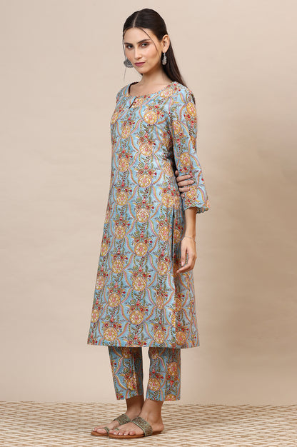Blue Handblock Printed Kurta, Straight Pants and Dupatta Set