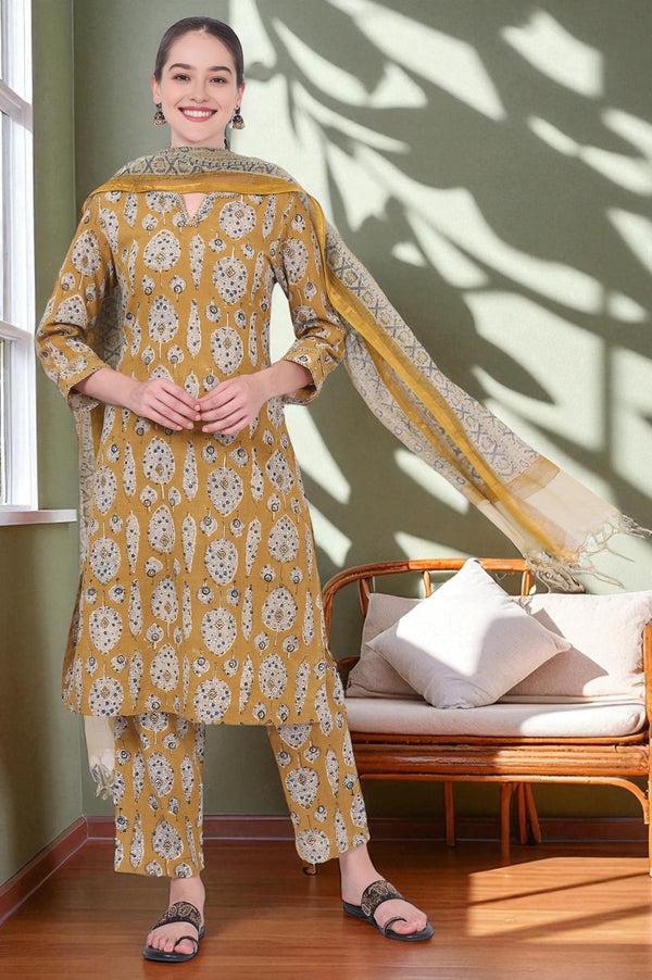 Yellow Kalamkari Printed Mirror Work Straight Pure Cotton Kurta, Pants and Dupatta Set