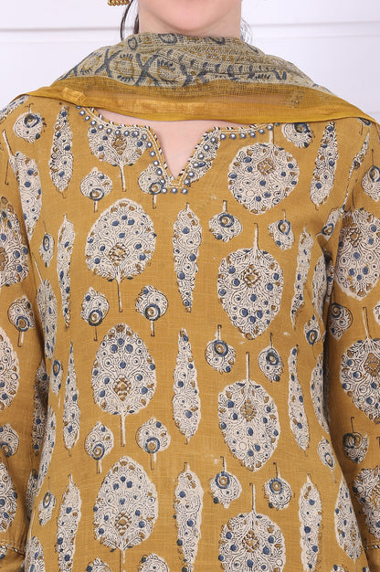 Yellow Kalamkari Printed Mirror Work Straight Pure Cotton Kurta, Pants and Dupatta Set