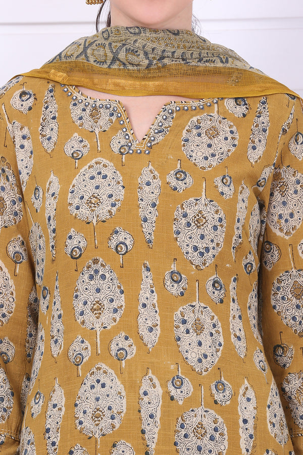 Yellow Kalamkari Printed Mirror Work Straight Pure Cotton Kurta, Pants and Dupatta Set
