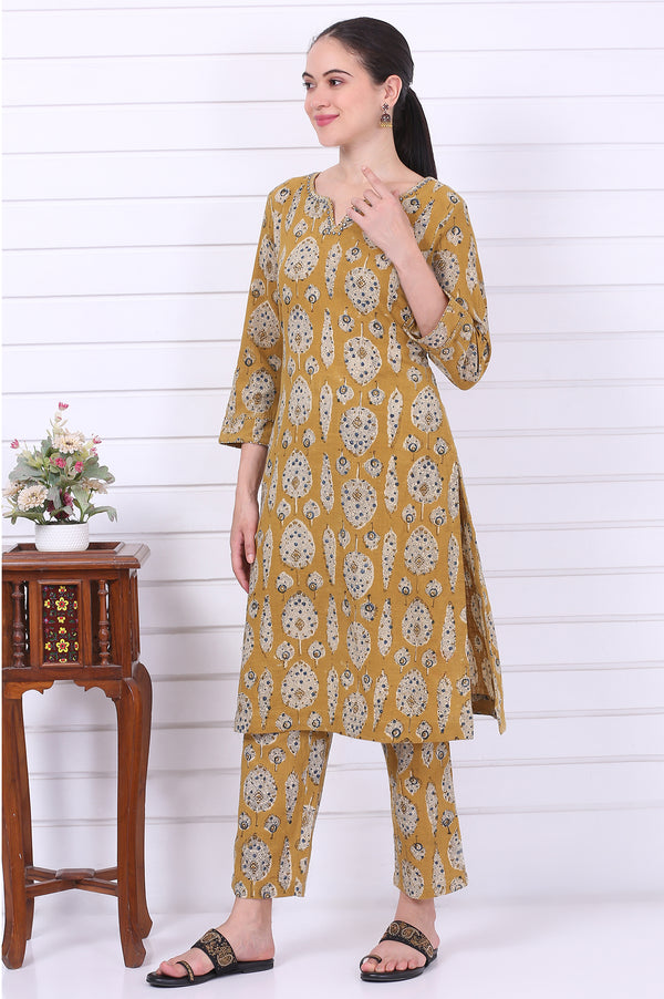 Yellow Kalamkari Printed Mirror Work Straight Pure Cotton Kurta, Pants and Dupatta Set